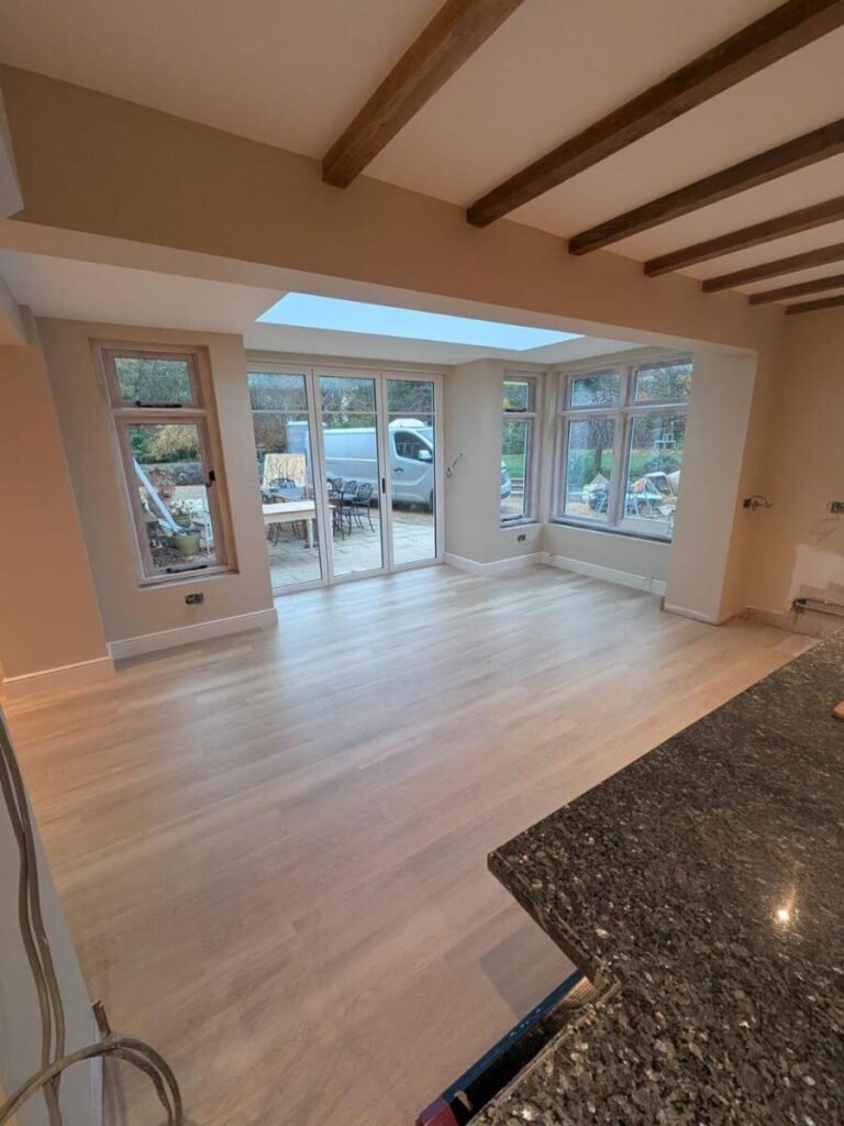Light toned LVT Flooring laid in a Kitchen Extension in Sywell, Northampton