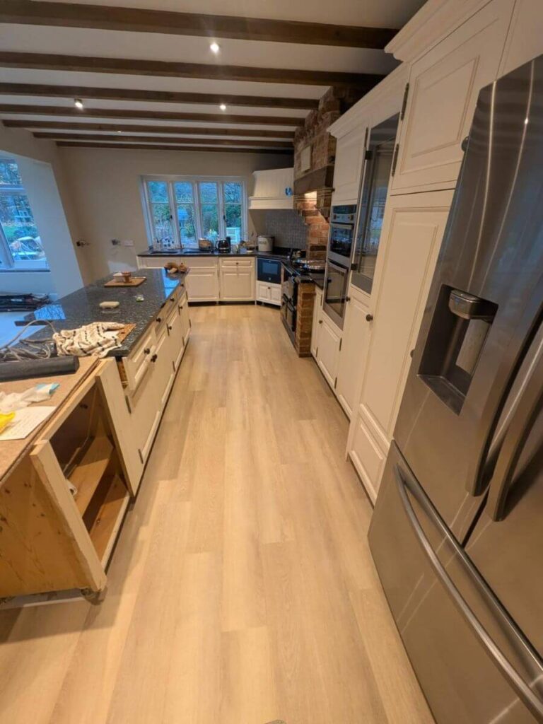 Light toned LVT Flooring laid in a Kitchen Extension in Sywell, Northampton
